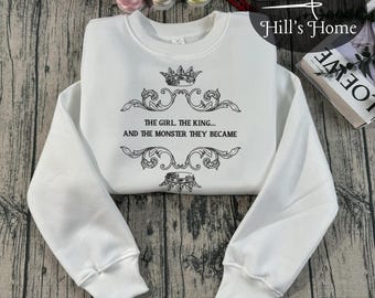 The Girl, The King And The Monster They Became Embroidered Sweatshirt, One Dark Window, Two Twisted Crowns Embroidered Hoodie, Bookish Gift