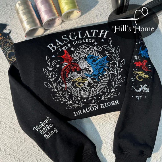 Fourth Wing With Multicolor Dragons Embroidered Sweatshirt, Basgiath War College Embroidered Hoodie, Fantasy Book Shirt, Onyx Storm Shirt