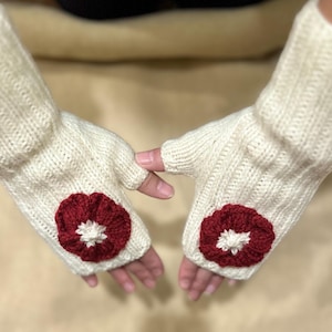 Heart and flower-decorated, hand-knitted, 100 percent wool fingerless mittens—Winter and Couples Accessories. Best Gifts For Her and Him.