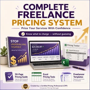 Może przedstawiać: Cyfrowy pakiet produktów zatytułowany Complete Freelance Pricing System, zawierający przewodnik spiralny, laptopa z wykresami finansowymi, uchwyt na dokumenty ze śledzeniem cen oraz ikony przewodnika, narzędzi Excel i szablonów.