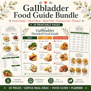 May include: A Gallbladder Food Guide Bundle featuring 10 printable pages including a detailed food guide, meal ideas, a meal plan, and a grocery list. The charts use text and images to categorize foods to eat, limit, or avoid for gallbladder health.