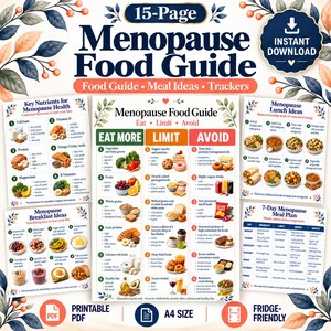 May include: A 15-page digital Menopause Food Guide featuring meal ideas and trackers. The document includes sections on key nutrients, breakfast and lunch ideas, a 7-day meal plan, and a chart categorizing foods to eat, limit, and avoid.