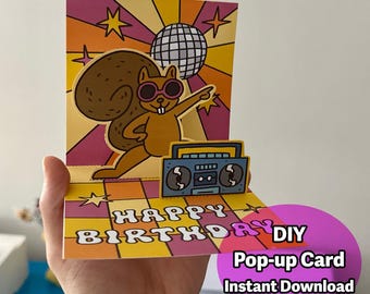 Modello di biglietto d'auguri pop-up a tema scoiattolo disco / Biglietto d'auguri fai da te stampabile / Download digitale immediato