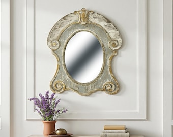 French Country Oval Mirror – Distressed Scroll Frame Wall Accent for Entryway, Bedroom or Bathroom Decor