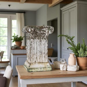 Vintage pedestal stand, distressed column base for planter or bust, rustic farmhouse display decor