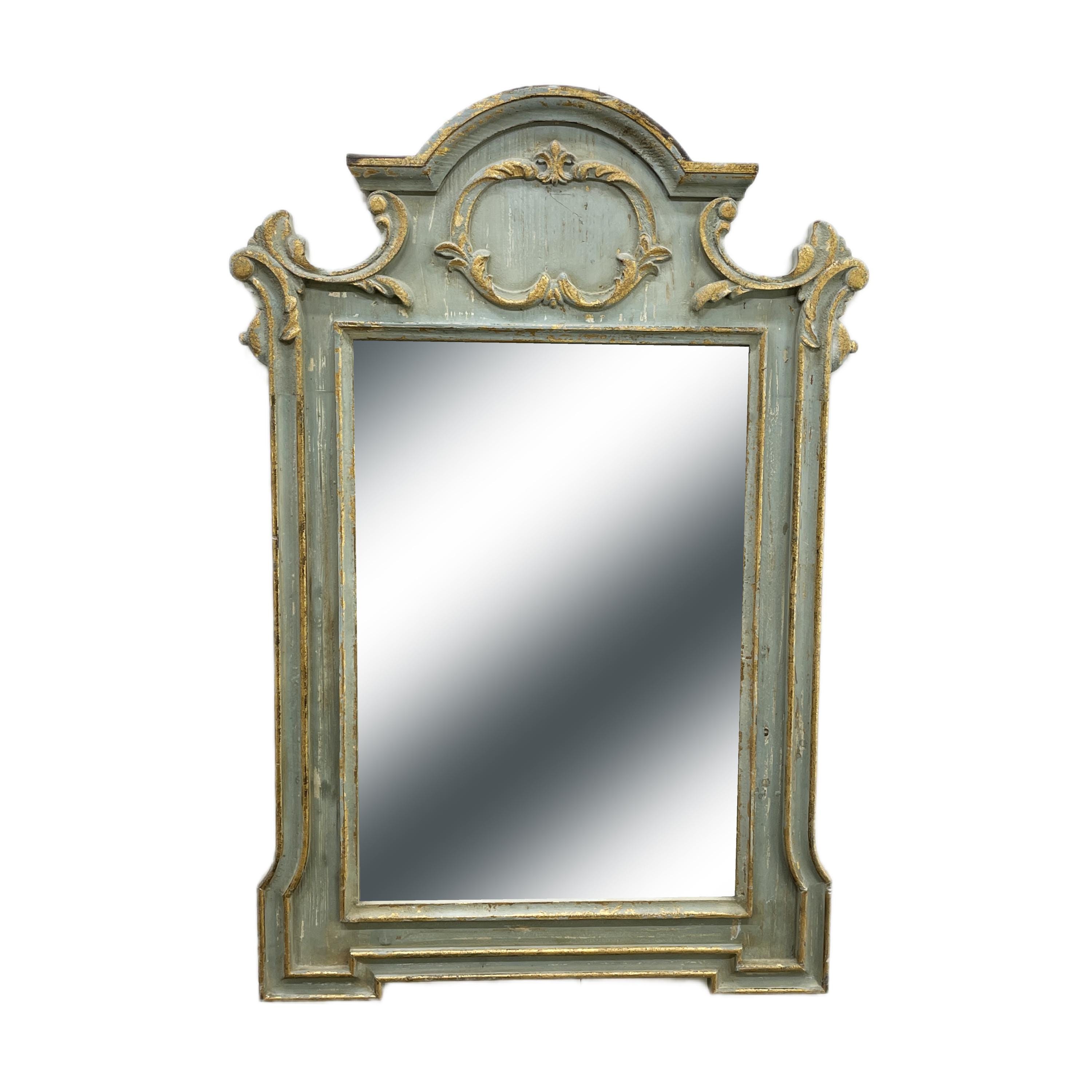 Large French Wall Mirror: Ornate Carved Wood Frame, Distressed Sage Green