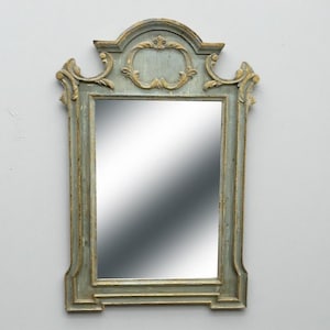 Large French Wall Mirror: Ornate Carved Wood Frame, Distressed Sage Green