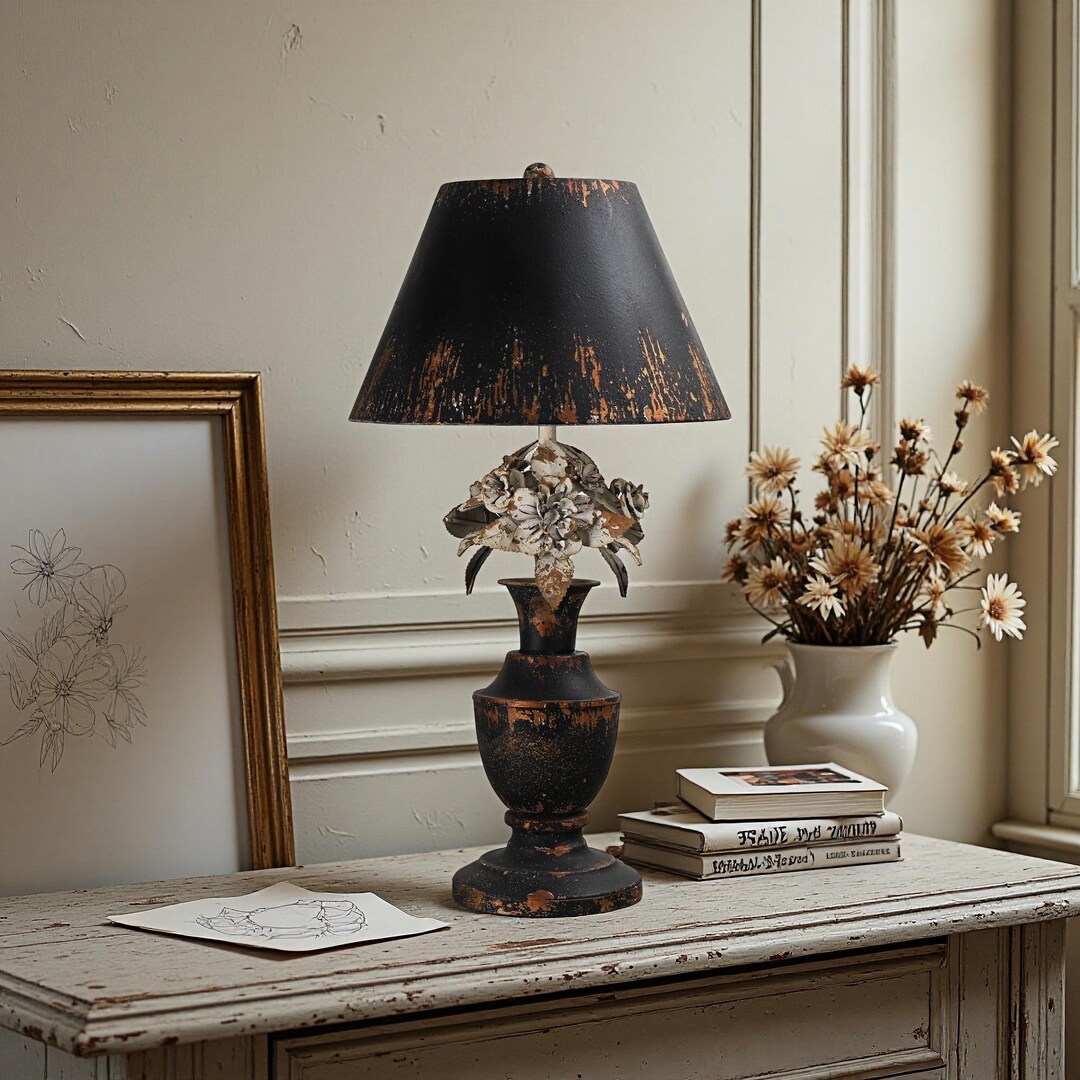 Vintage Black Table Lamp With Iron Flowers – French Country Distressed ...