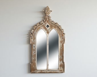 Gothic Arch Wall Mirror – Distressed Cathedral Window Mirror for French Country, Farmhouse, or Entryway Decor