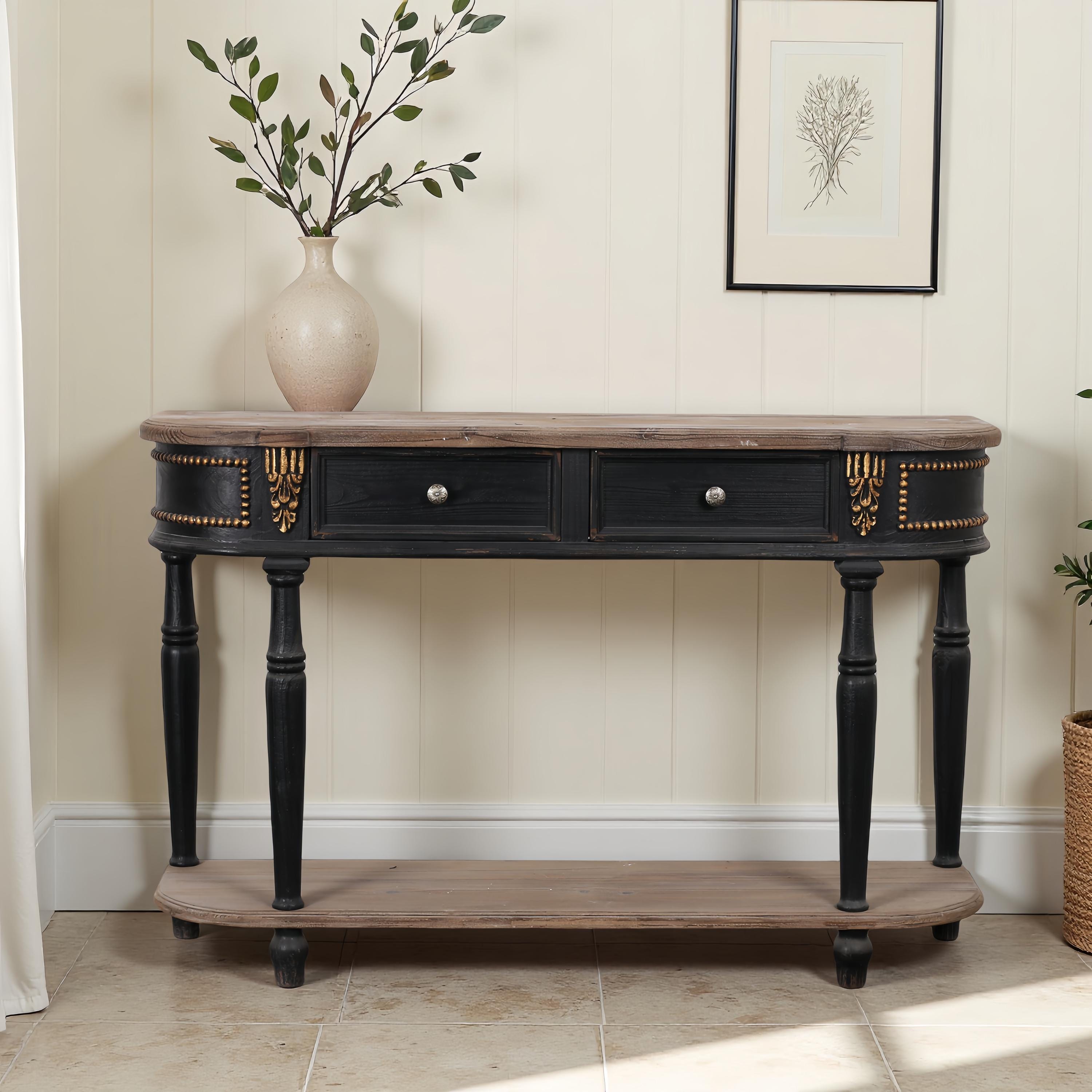 Vintage zwarte bijzettafel: Franse haltafel met gouden accenten