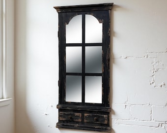Vintage Windowpane Wall Mirror – Distressed Black Rustic Mirror with Faux Drawers for Entryway or Farmhouse Decor