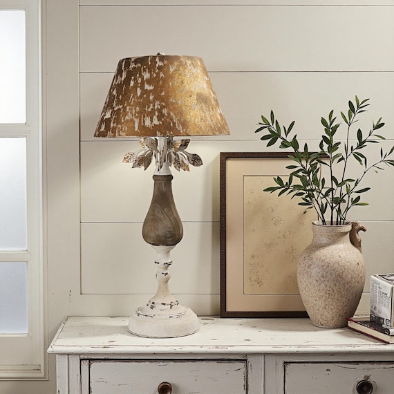 Rustic French Table Lamp: Distressed Wood, Farmhouse Decor