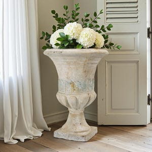Large French Garden Urn: Distressed Limestone Finish, Leaf Trim