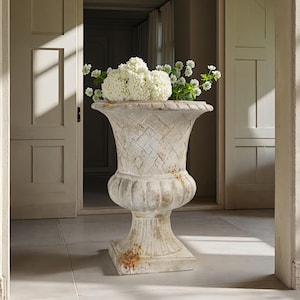 Tall Vintage Garden Urn – 23.2&quot; French Pedestal Planter with Basketweave Texture, Distressed White Finish