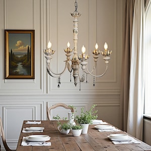 French Country Chandelier – 6-Light Distressed White Hanging Light with Romantic Floral Arms for Dining or Entryway