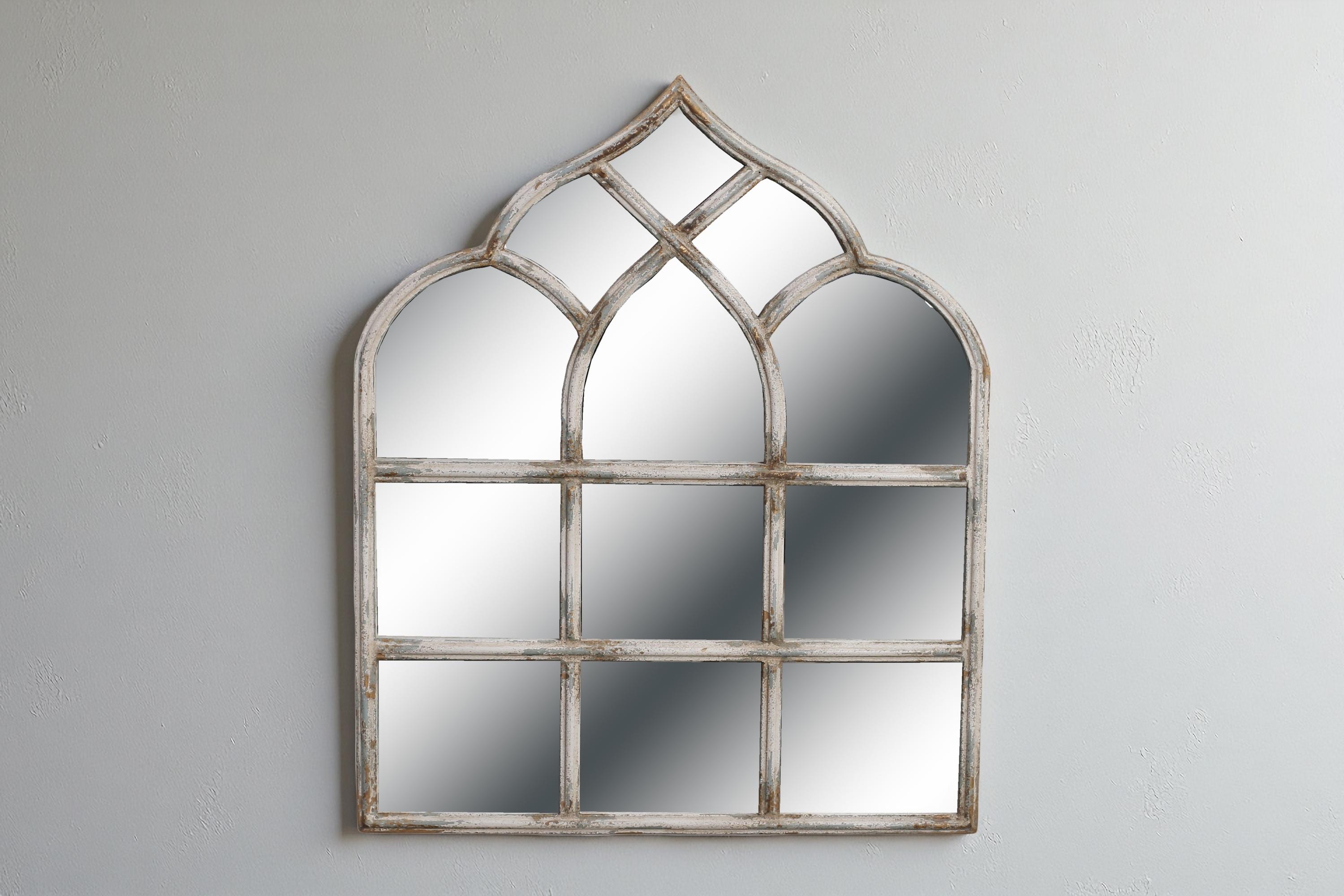Gothic Arch Window Mirror – Distressed White Wall Decor, Vintage Farmhouse Windowpane Mirror for Entryway or Living Room