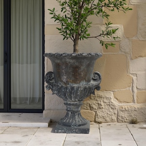 Distressed Garden Urn – 21.7&quot; Tall French Pedestal Planter with Scroll Handles, Aged Outdoor Pot