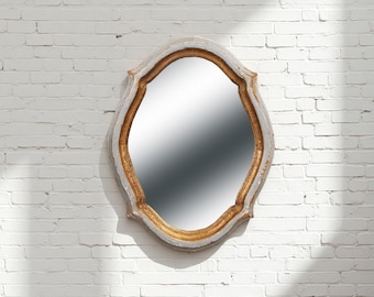 Vintage Gold Oval Mirror – Distressed White Frame for French Country, Shabby Chic, or Entryway Wall Decor