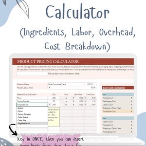 May include: A laptop screen displays a cake pricing calculator with fields for ingredients, labor, and overhead costs. The calculator includes a product pricing section and a base cost calculator. Text on the screen says "Cake Pricing Calculator."