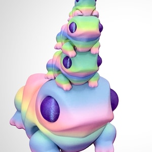 Può includere: Una pila di quattro figurine di rana arcobaleno. Le rane sono disposte a forma di piramide, con la rana più piccola in cima e la rana più grande in fondo. Le rane hanno occhi viola e sono fatte di un materiale liscio e lucido.