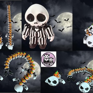 May include: A collage of Halloween-themed figurines and decorations. The central figure is a Jack Skellington-inspired character in a black and white striped suit. Other items include pumpkin-themed spine decorations and skull-shaped figures, all set against a night sky backdrop.
