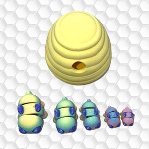 May include: A set of five bee-shaped resin ornaments. The ornaments are yellow with blue and green iridescent glitter. The largest ornament is shaped like a beehive.