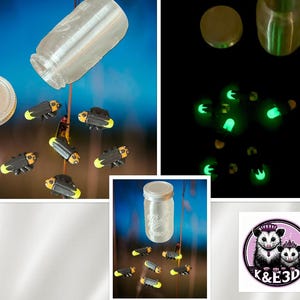 May include: A clear glass jar with a silver lid and a collection of black and yellow firefly figurines. The fireflies appear to be suspended in the air. The image also shows a glowing effect of the fireflies in the dark.