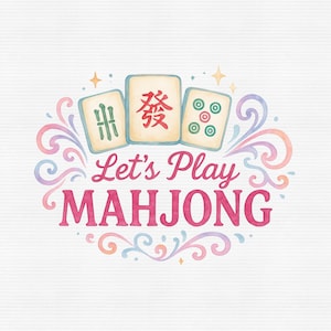 May include: A watercolor-style illustration with the text "Let's Play Mahjong." Three Mahjong tiles are featured above the text, with decorative swirls and stars. The tiles are light beige with green, red, and blue accents.