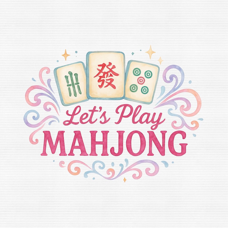 May include: A watercolor-style illustration with the text "Let's Play Mahjong." Three Mahjong tiles are featured above the text, with decorative swirls and stars. The tiles are light beige with green, red, and blue accents.