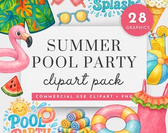 May include: Watercolor clipart pack with a summer pool party theme. Includes a pink flamingo float, watermelon slice, sunglasses, ice cream cone, beach ball, swimsuit, and other graphics. The text reads "Summer Pool Party clipart pack".
