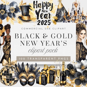 Clipart di buon anno nero e oro 2025, Clip art della festa di Capodanno, Clipart di buon anno 2025 per uso commerciale