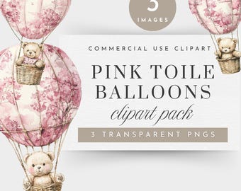 Pink Toile Clipart, Pink Toile Balloons Clip Art for Commercial Use, Pink Toile De Jouy Baby Shower Clipart, Bear Baby Shower Clipart