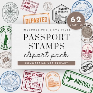 May include: A collection of passport stamp clipart in various shapes and colors, including stamps for Tokyo, London, and New York. The central design reads "Passport Stamps clipart pack" with "Commercial Use Clipart" below.