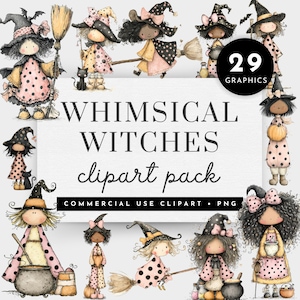 May include: A collection of whimsical witch clipart. The illustrations feature witches in various poses, wearing black hats and pink polka dot dresses. The text reads "Whimsical Witches clipart pack" and "29 graphics".