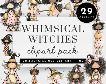 Whimsical Witch Clipart, Quirky Halloween Clipart PNG, Pink Pastel Halloween Watercolor Clipart, Pastel Halloween Witches Clipart,Cute Witch