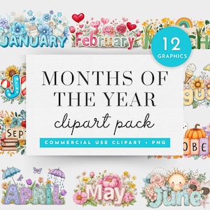 Months of the Year Clipart, Calendar PNG Bundle for Seasonal Planners, Colorful Calendar Graphics, Months Of The Year Watercolor Clipart