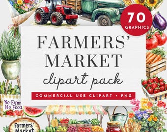 May include: A watercolor clipart pack with 70 graphics featuring a farmers' market theme. The clipart includes a red tractor, a green pickup truck, a market stand, fresh produce, flowers, and other farm-related items.