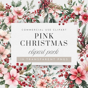 Clipart de Natal Rosa, Clipart Floral de Natal para Uso Comercial, Clipart de Férias em Aquarela, Vegetação de Inverno, Clipart Floral Rosa, PNG