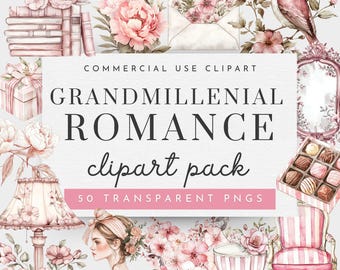 Puede incluir: Un paquete de clipart digital con el texto "Grand Millennial Romance clipart pack 50 transparent PNGs" e ilustraciones de flores, pájaros, libros, una lámpara, una taza de té, una silla, una caja de chocolates y una mujer.