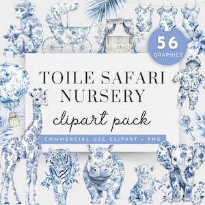 Clipart chambre d'enfant Safari toile bleue, Clipart toile Safari, toile bleue Safari PNG, Clipart toile bleu bébé, Clipart baby shower Toile de Jouy