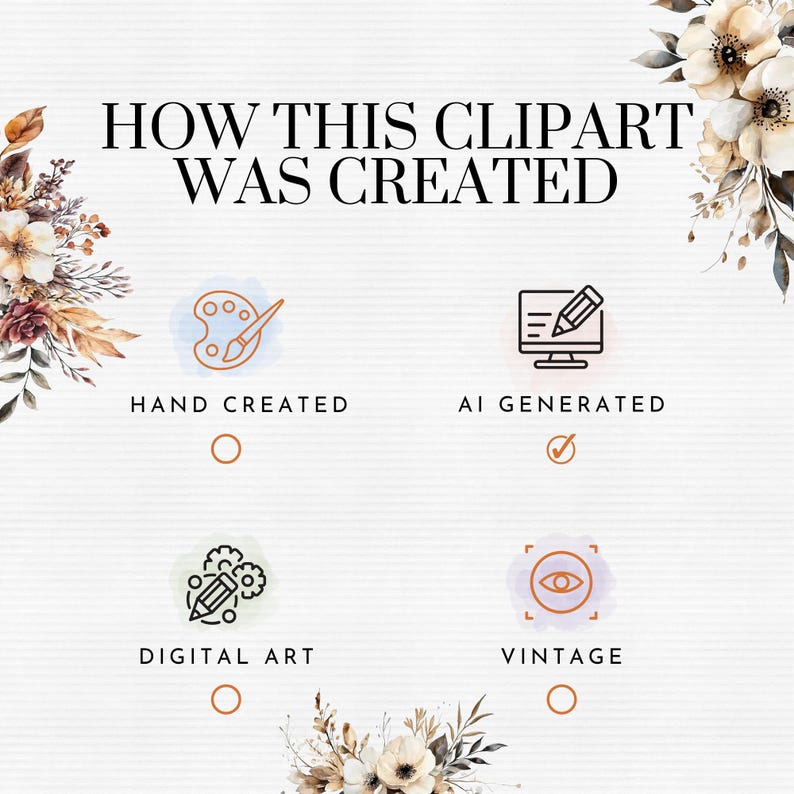 以下が含まれることがあります： 「HOW THIS CLIPART WAS CREATED」というテキストと、筆とパレット、鉛筆とコンピューター、花付きの鉛筆、目の4つのアイコンが描かれたグラフィック。アイコンには「HAND CREATED」、「AI GENERATED」、「DIGITAL ART」、「VINTAGE」とラベルが付けられています。