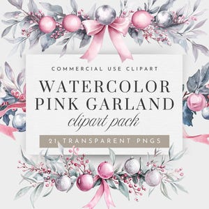 Garland Pink Bow Watercolor Clipart, Coquette Pink Christmas PNG for Commercial Use, Watercolor Baubles Clip Art, Christmas Greenery Garland
