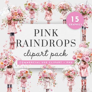 April Duschen Clipart, Aquarell Blumen Clipart zart rosa und Pastell Blumen Png, rosa Regenschirm Clipart, süßes kleines Mädchen PNG, rosa Wandkunst