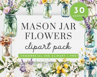 Flowers In Glass Jar Clipart, Mason Jar Flower Clipart, Antique Bottle png,Mason Jar PNG,Boho Watercolor Summer Wild Flowers Clipart Bouquet