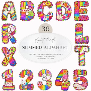 Peut inclure: Un ensemble de cliparts numériques présentant un alphabet et des chiffres d'été aux bords festonnés. Chaque caractère affiche des motifs vibrants incluant des arcs-en-ciel, des flamants roses, des fraises et des tranches de pastèque. Texte : 36 clipart bundle SUMMER ALPHABET.