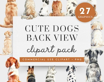 May include: A set of 27 watercolor illustrations of cute dogs in back view. The dogs are all different breeds and are in various poses. The illustrations are perfect for creating cards, invitations, or other projects.