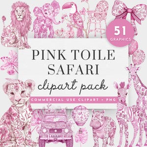 Safari Animal Clipart Pink Toile, Toile De Jouy Baby Shower Clipart, Chinoiserie Clipart, Toile Floral, Wild One Pink Safari PNG