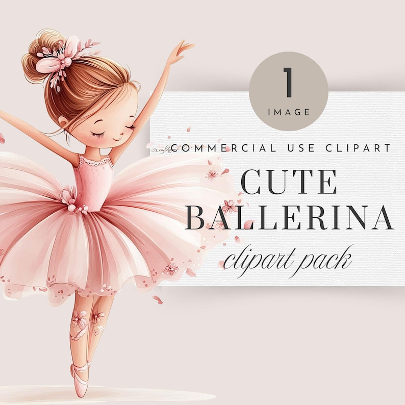 May include: A digital illustration of a ballerina wearing a pink tutu and a flower crown. She is dancing with her arms outstretched and her legs in a graceful pose. The background is a soft pink color with pink flower petals falling around her.