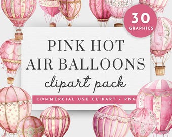 Clipart de globo aerostático rosa, Clipart de globos rosas de acuarela, Clipart de rima infantil de acuarela, Globos rosas PNG, Clipart de coqueta rosa