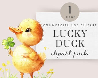 Lucky Duck Clipart, Yellow Duck Clipart, Whimsical Duck Clipart, One Lucky Duck Invite, Baby Boy Party Theme, 4 Leaf Clover Clipart
